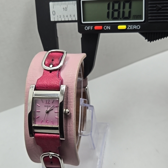 Women Guess Watch Pink Leather Wide Band Cuff Silver Case Quartz New Battery - Picture 6 of 11